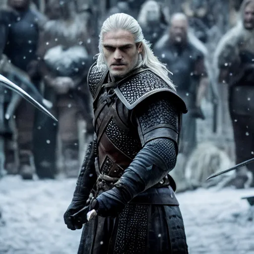 Prompt: geralt of rivia in game of thrones, henry cavil, cinema movie still