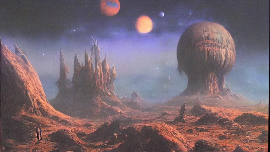 Image similar to eerie atmospheric alien planet empire by jack gaughan and bob eggleton and chris moore, epic cinematic matte painting