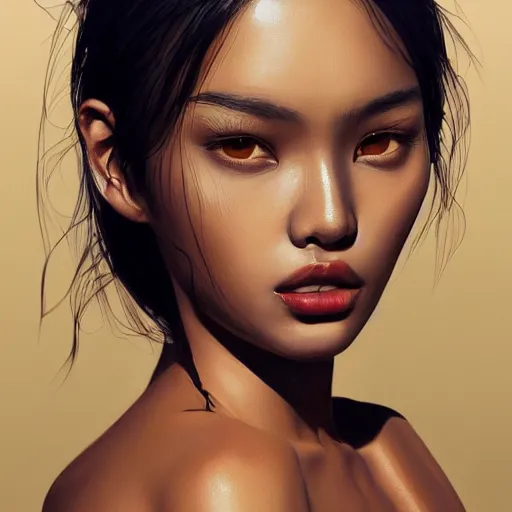 Image similar to indonesian Supermodel, olive skin, long dark hair, beautiful bone structure, intricate, elegant, highly detailed, digital painting, artstation, concept art, smooth, sharp focus, illustration, art Chuck Close