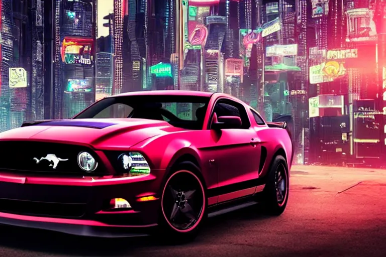 Image similar to ford mustang in cyberpunk city