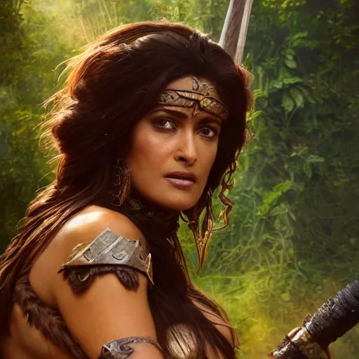 Image similar to salma hayek as barbarian warrior in jungle, au naturel, hyper detailed, digital art, trending in artstation, cinematic lighting, studio quality, smooth render, unreal engine 5 rendered, octane rendered, art style by klimt and nixeu and ian sprigger and wlop and krenz cushart.