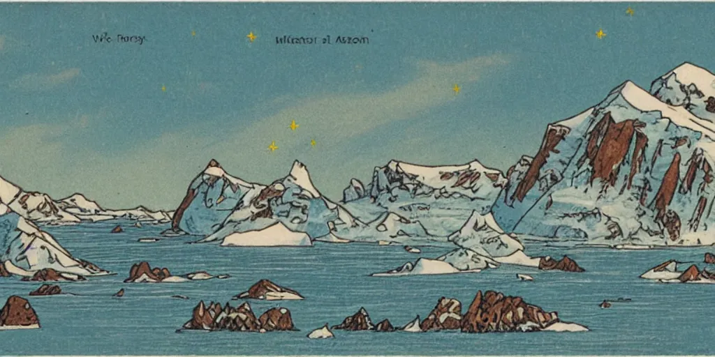 Prompt: postcard cartoon of meteors over Antartica