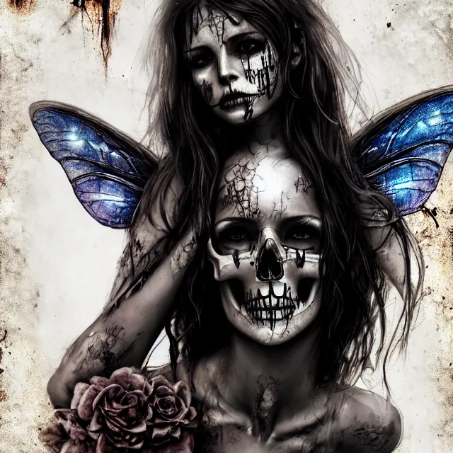 Image similar to full body pose, beautiful adult skull fairy, dirty, grungy, grunge, highly detailed, 4 k, hdr, smooth, sharp focus, high resolution, award - winning photo, artgerm, photorealistic