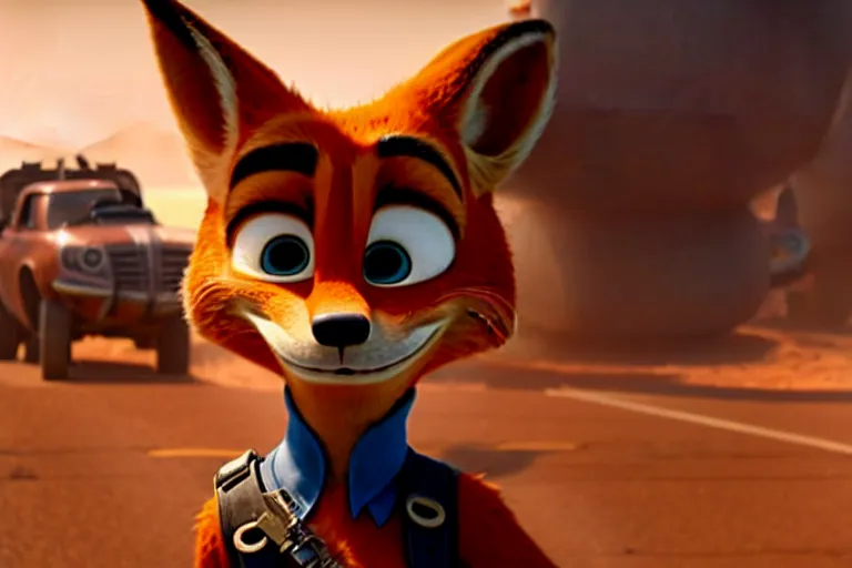 Image similar to nick wilde ( from zootopia ), heavily armed and armored facing down armageddon in a dark and gritty reboot from the makers of mad max : fury road : witness me