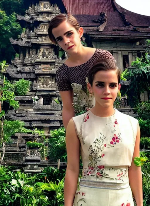 Prompt: emma watson wearing kebaya bali in bali. temple background. front view. instagram holiday photo shoot, perfect faces, award winning photography