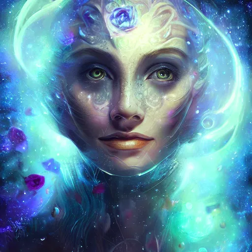 Image similar to Very very very very highly detailed mystic, enigmatic, strange portrait with galaxy, roses, shark's teeth, intricate, extremely detailed, digital painting, artstation, concept art, smooth, sharp focus, illustration, intimidating lighting, incredible art,