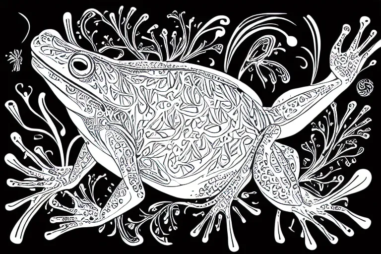 Prompt: beautiful frog, ornamental, fractal, ink draw, line art, vector art, outline