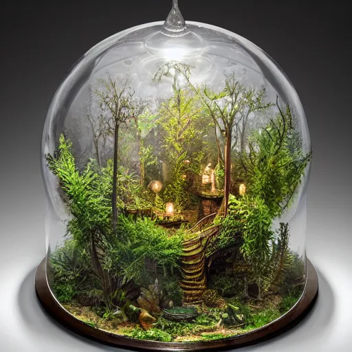 Prompt: a miniature tabletop forest glowing under an ornate glass dome, by paulette tavormina and michael whelan and donato giancola, inside a dusty abandoned laboratory, hyper realistic, extremely detailed, dramatic lighting, victorian, unreal engine, featured on artstation