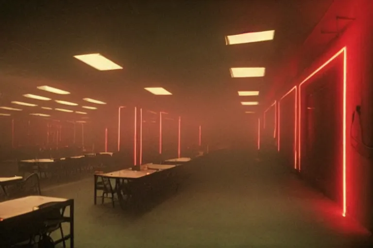 Image similar to a dark conference hall, half - full with people, atmospheric and obscure, red neon light, by roger deakins, cinematography, syd mead