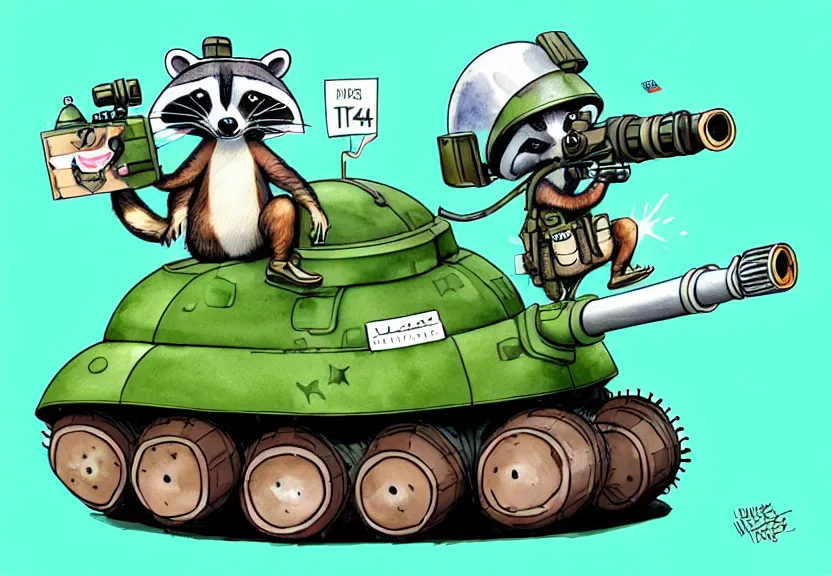 Image similar to cute and funny, racoon wearing army helmet riding in a tiny t 1 4 tank with large cannon, ratfink style by ed roth, centered award winning watercolor pen illustration, isometric illustration by chihiro iwasaki, edited by range murata