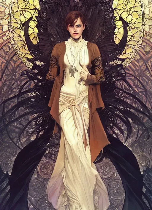 Prompt: Emma Watson as Lucifer morningstar, very detailed, digital art, concept art, illustration, trending on ArtStation, art byvgreg rutkowski and alphonse mucha and J. C. Leyendecker and Edmund Blair Leighton and Ashley wood