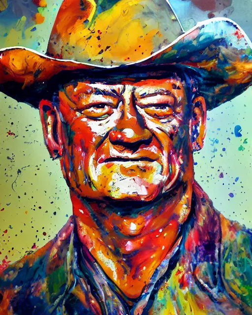 Image similar to abstracted john wayne painted in extremely thick, glazed impasto splatter paint, in muted color's, in impressionist styles