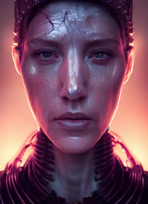 Prompt: 3 / 4 portrait, queen, crown, translucent skin, muscle, bones, veins, nerves, hyperrealism, detailed, photorealistic, cyberpunk apocalyptic city, futuristic, ultra realistic, cinematic, intricate, cinematic light, unreal engine 8 k, octane render, unreal engine by charlie bowater, david kostic, stanley lau, artgerm