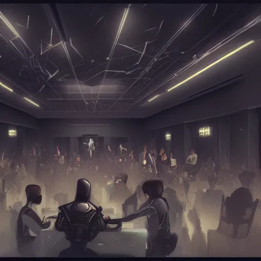 Image similar to hall in cyber space concept, a lot of people siting on tables, large screen, artstation, halloween