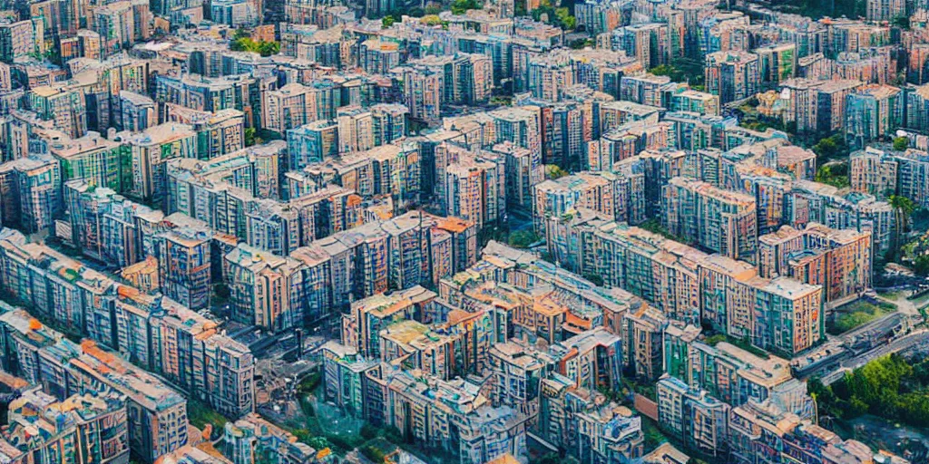 Image similar to bird's eye view photograph of a low income highrise geometric Russian city, apartments, train station, avenues. Square with a statue of leader