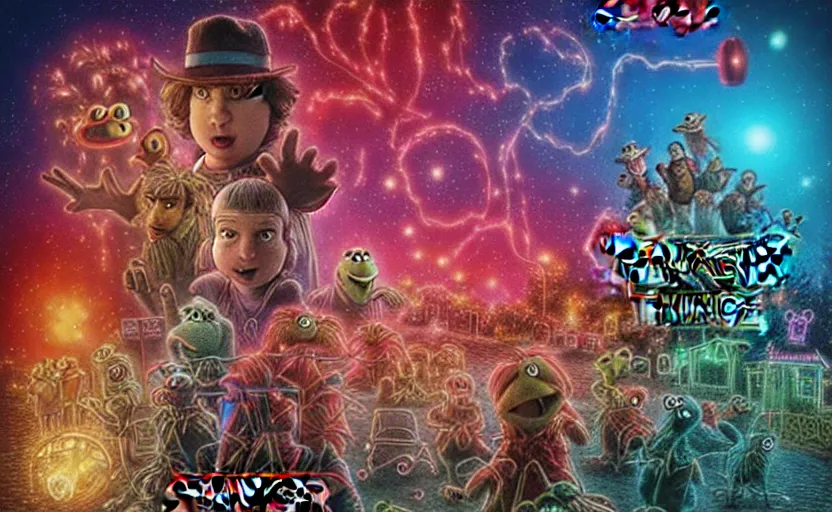 Prompt: a still of muppets in stranger things. highly detailed felt. hyper real photo. 4 k.