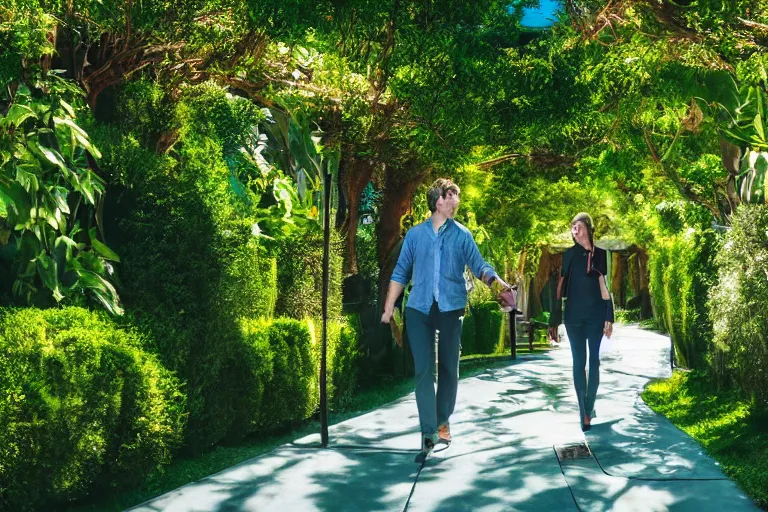Image similar to a cinematic wideangle photograph of a man and woman walking through a walkway, green plants, blue sky, beautiful lighting, ultra realistic, movie still