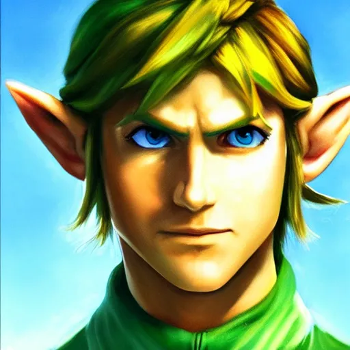 Image similar to An ultra-realistic portrait painting of Link from The Legend of Zelda in the style of Alex Ross. 4K. Ultra-realistic. Highly detailed. Epic lighting.