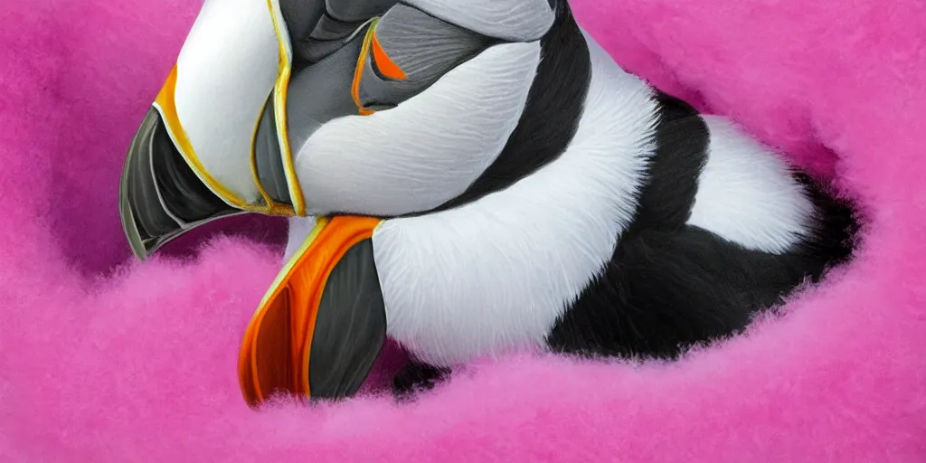 Image similar to realistic puffin sitting in a pink fluffy bed, hyper detailed, trending on artstation