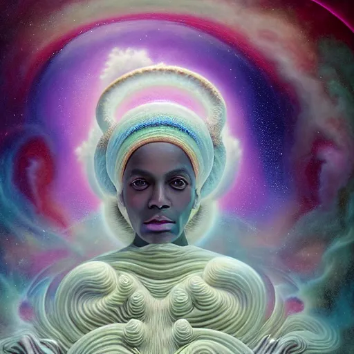 Prompt: obatala the cosmic god sitting on a throne of nebula clouds, by Adi granov and afarin sajedi and amanda sage and evgeni gordiets and Agostino Arrivabene in a psychedelic portrait style, ultrarealistic matte painting, volumetric lighting, fractal, extremely symmetrical, highly detailed face, orisha, 8k, hd