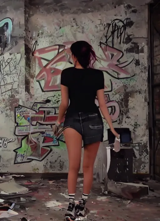 Image similar to film still of kylie Jenner doing a graffiti mural, derelict house, cinematic lighting, cinematic, rear pov,