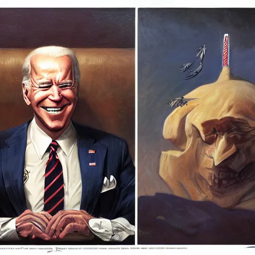 Prompt: terrifying, surreal portrait of joe biden by j. c. leyendecker, bosch, willim blake, jon mcnaughton, and beksinski