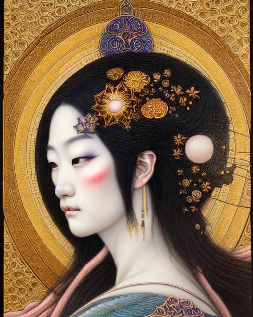 Prompt: portrait of a beautiful celestial goddess, unusual beauty, esoteric, muted colors, head in focus, fantasy art, ornamental aesthetics intricate, elegant, highly detailed, hyperrealistic painting, artstation, concept art, painterly, sharp focus, illustration, art by chie yoshii