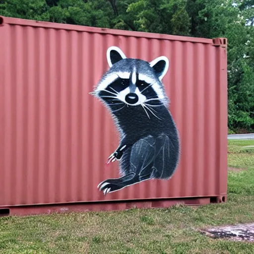 Prompt: raccoon graffiti on rusty green shipping container,