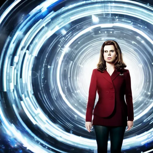 Image similar to a beautiful full body photograph of hayley atwell as'doctor who ', time vortex in the background, detailed face, symmetrical face, extreme realism and detail, 8 k, completely framed, direct lighting, 3 5 mm photo, photorealistic, sharp focus