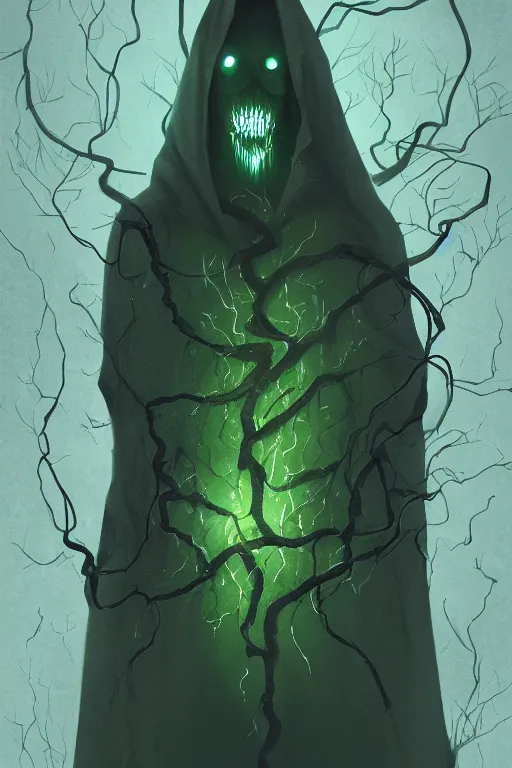 Image similar to A full body portrait of a ghost like character with no face, glowing eyes and a very long hooded dark green cloak of leaves and vines, forest spirits flying in the background art by Shaddy Safadi and Jason Chan, ominous, cosmic horror, trending on artstation, Ultra detailed, hyper realistic 4k