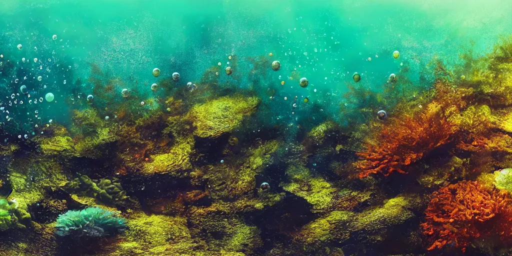 Prompt: ultra realistic underwater photography, panoramic picture of a river with large brightly colourful fish. lots of bubbles. seaweed and some rocks. gloomy scattered light entering from the water surface, artstation, 8 k