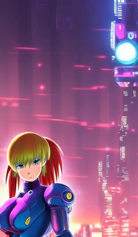 Image similar to anime fine details portrait of Samus in front of cyberpunk moder city landscape on the background deep bokeh, close-up view, anime masterpiece by Studio Ghibli. 8k, sharp high quality anime, artstation