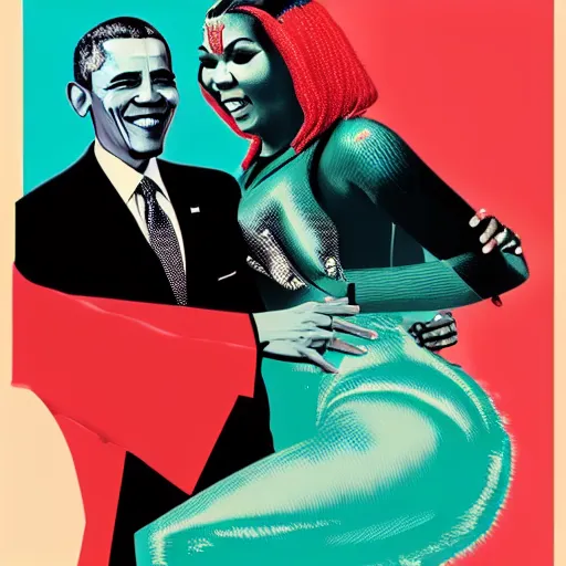 Image similar to barack obama hugging nicki minaj from behind, soviet colored propaganda poster, highly detailed illustration