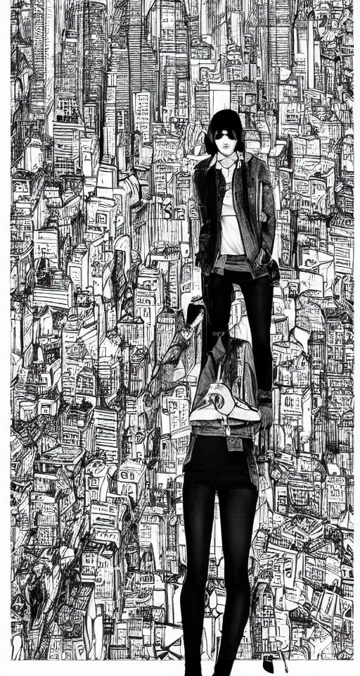 Prompt: cypherpunk fashion illustration, camera face, black and white and red, manga, city street background with high tall buildings, central park, abstract landscape, diane arbus, highly detailed, finely detailed, shadows realism