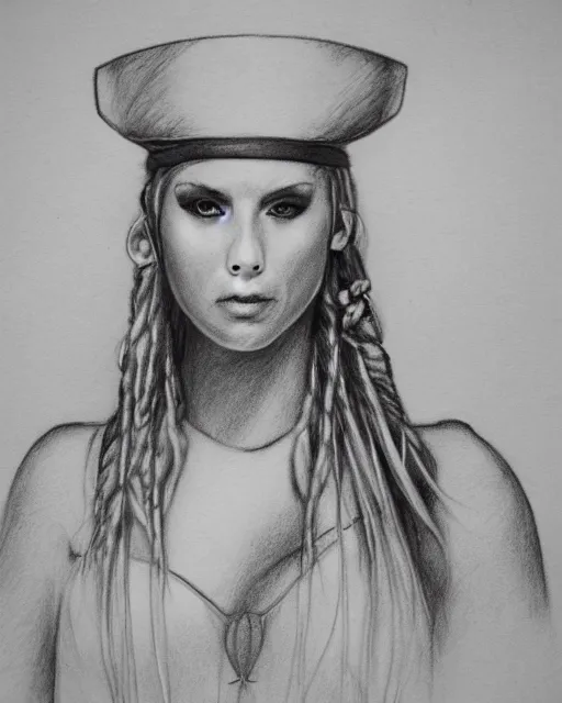 Image similar to A beautiful female warrior, pirate ship deserted island faded background, realism pencil drawing on white paper, bald lines