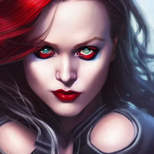 Image similar to Rogue x-men marvel, Lilo Reinhart, smile, long red hair, white streak in hair, realistic character concept, full body shot, cute fun pose, comic book, illustration, symmetrical face and body, cinematic lighting, hyperdetailed, 8k, high resolution, Charlie Bowater, Tom Bagshaw, single face, insanely detailed and intricate, beautiful