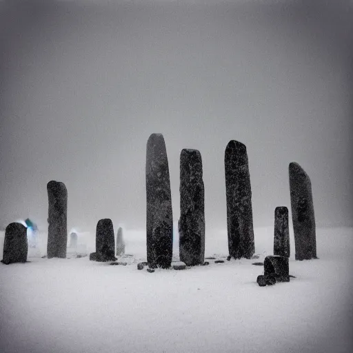 Prompt: '50 cats playing, neolithic standing stones, a haunting snow storm, fog, atmosphere, brooding clouds'