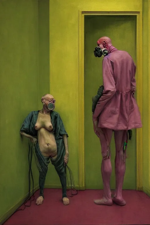 Prompt: two skinny old people with extra limbs, wearing gas masks standing inside a deserted hospital room, draped in gold, pink and green, hauntingly surreal, highly detailed painting by Francis Bacon, Edward Hopper, Adrian Ghenie, Gerhard Richter, and James jean Soft light 4K,