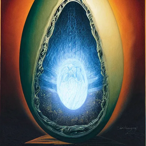 Image similar to presidential portrait of immense, majestic, surreal, terrifying joe biden emerging from the cosmic egg, perfectly clear face, by j. c. leyendecker, alex grey, anato finnstark, bosch, and beksinski