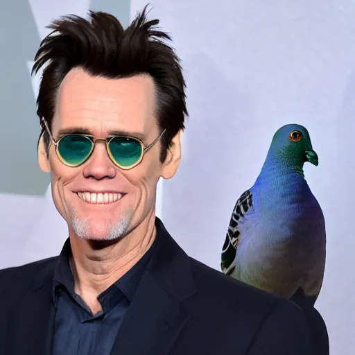 Prompt: jim carrey's head as the head of a carrier pigeon