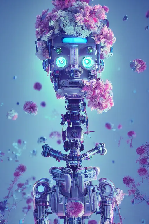 Prompt: a robot with flowers on his head, cyberpunk art by Mike Winkelmann, by Filip Honda, trending on cgsociety, panfuturism, made of flowers, glitch art, rendered in cinema4d