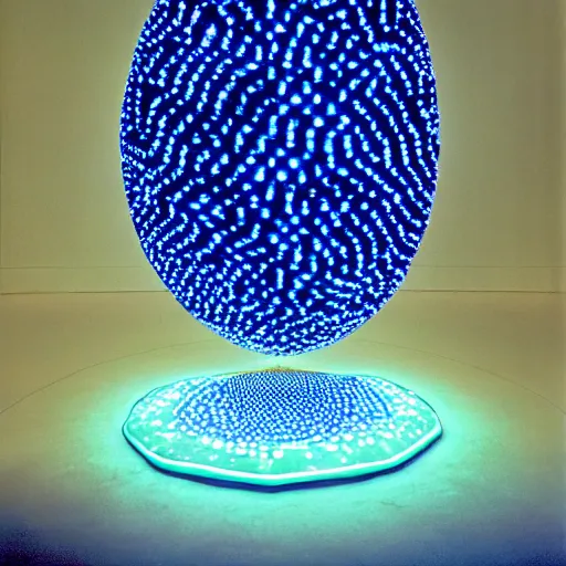 Prompt: annie liebowitz portrait of a tron dinosaur egg made up of glowing electric plates and jewel pixels, sitting on a glowing glass pedestal. cinestill