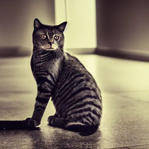 Image similar to cat in full riot gear, moody lighting, 8 k, shallow depth of field, cinematic lighting,