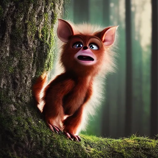 Image similar to a cute little monster with very long fur, portrait, pixar style, forest background, cinematic lighting, award winning creature portrait photography