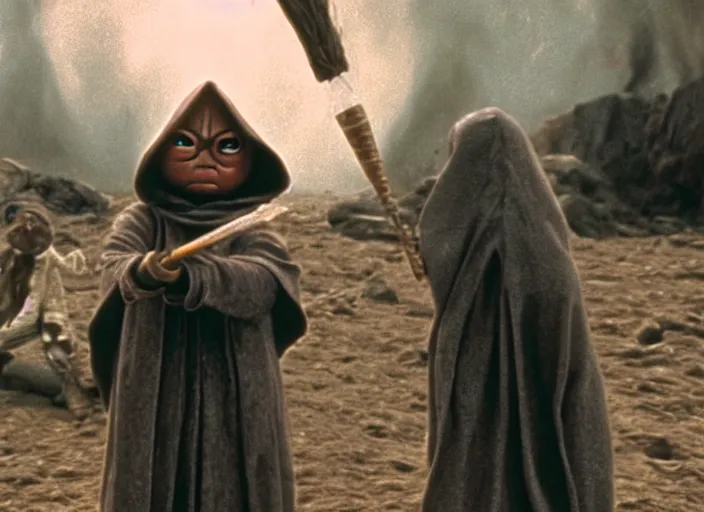 Prompt: a film still of harry potter in jawa ( 1 9 7 5 )