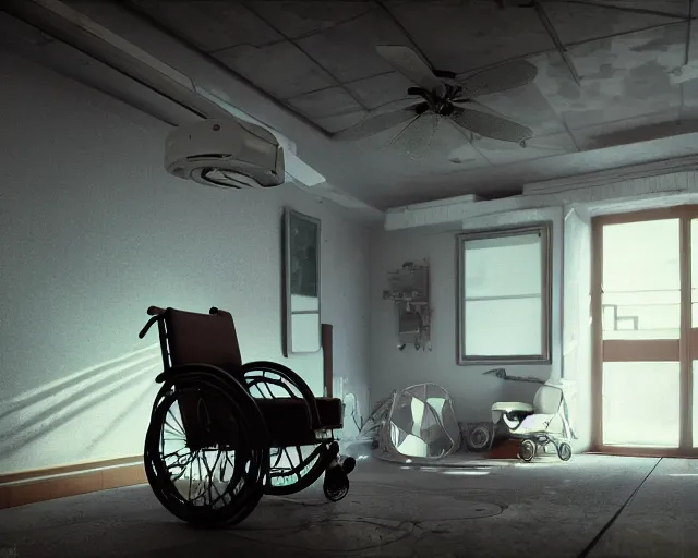 Image similar to artstation scifi scene an old ward, one ceiling fan, wheelchair, crutches, 3 beds, dust, paneled walls, unreal engine 5, hyper realism, realistic shading, cinematic composition, blender render, octane render, hdr, detailed textures, photorealistic, wide shot