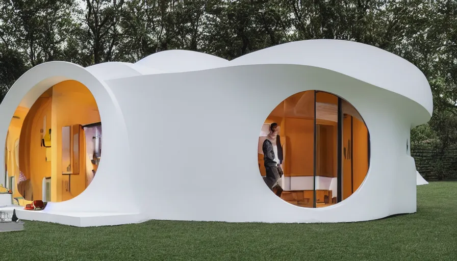 Image similar to A wide image of a full innovative contemporary 3D printed prefab cabin with rounded corners, beveled edges, made of cement, organic architecture, Designed by Gucci and Wes Anderson