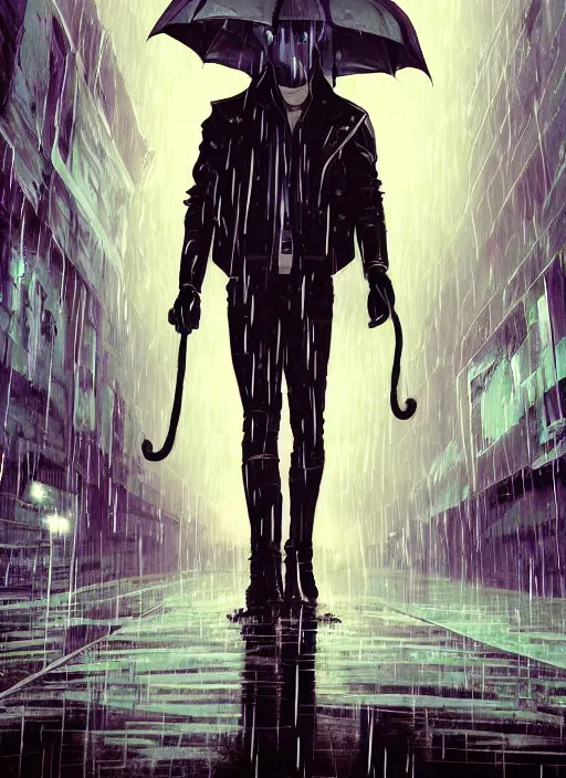 Prompt: an epic fantasy comic book style full body portrait painting of a very beautiful synthwave industrial goth trent reznor as snape walking in the rain, neon reflections in the rain puddles, character design by mark ryden and pixar and hayao miyazaki, unreal 5, daz, hyperrealistic, octane render, cosplay, rpg portrait, dynamic lighting, intricate detail, cinematic