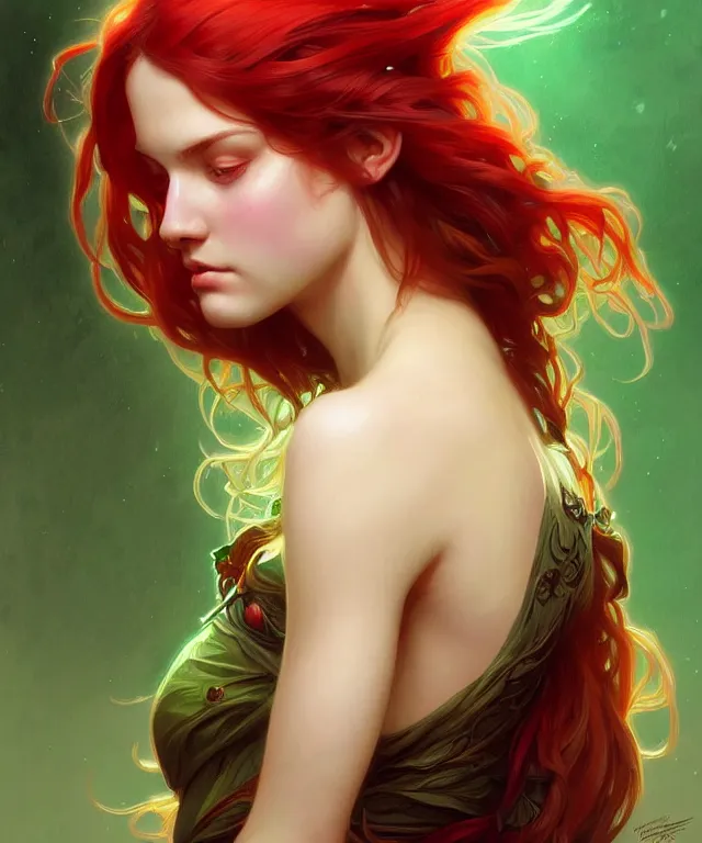 Prompt: Fae teenage girl, portrait, face, long red hair, green highlights, fantasy, intricate, elegant, highly detailed, digital painting, artstation, concept art, smooth, sharp focus, illustration, art by artgerm and greg rutkowski and alphonse mucha
