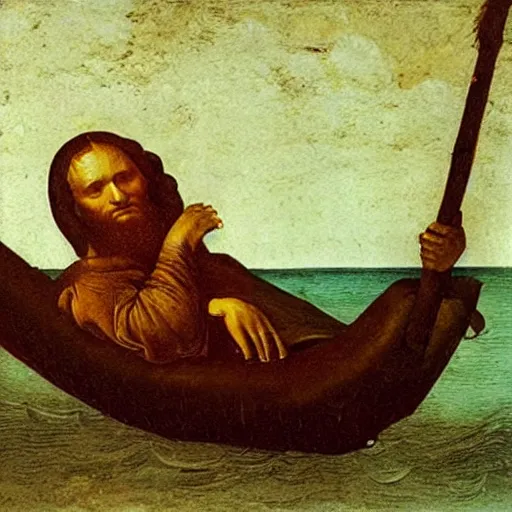 Prompt: Oil painting by Leonardo da Vinci of a Human Rights Watch employee sleeping on an inflatable raft in the ocean